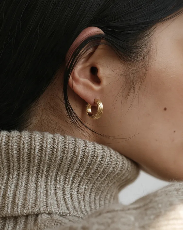 귓불의 18K 결 후프 귀걸이